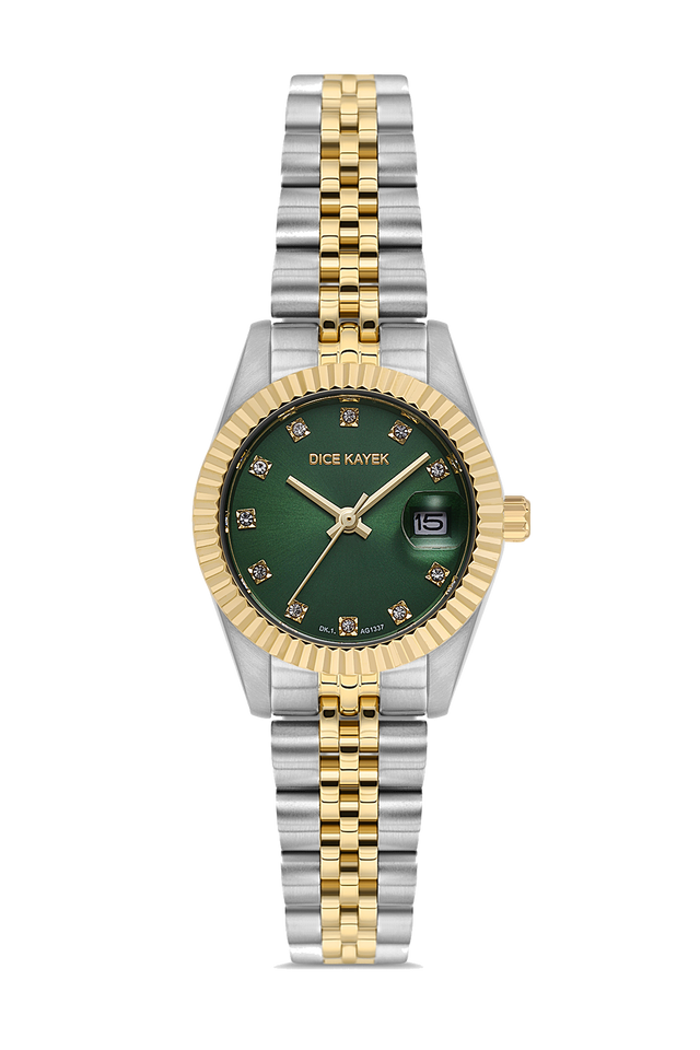 Dice Kayek AG1337.05 women's watch with green dial, two-tone silver and gold case and stainless steel bracelet – front view