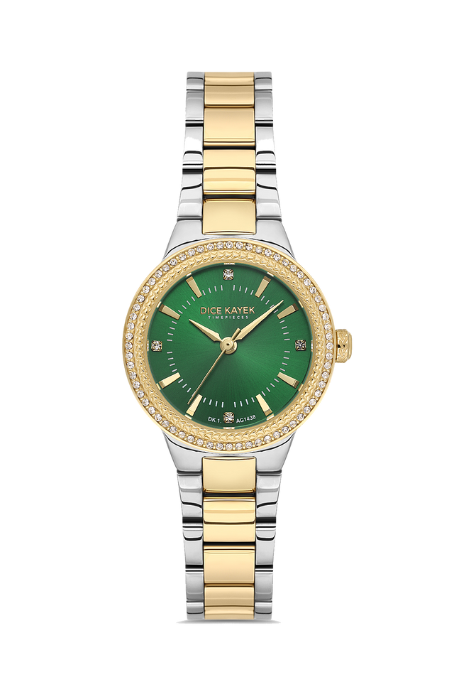 Dice Kayek AG1438.49 women's watch with green dial, two-tone silver and gold case and stainless steel bracelet – front view