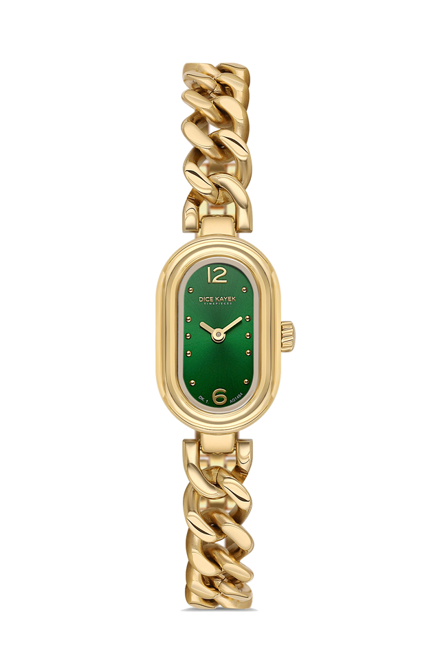 Dice Kayek AG1464.29 women's watch with green dial, gold-tone case and stainless steel bracelet – front view