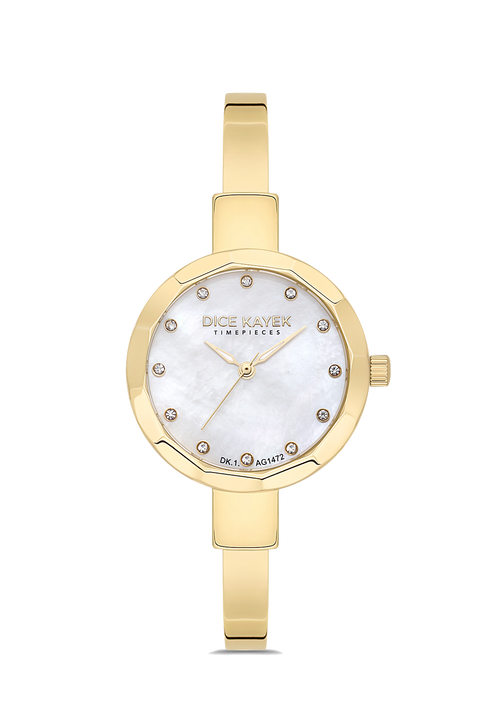 Dice Kayek AG1472.20 women's watch with white mother-of-pearl dial, gold-tone case and stainless steel bracelet – front view