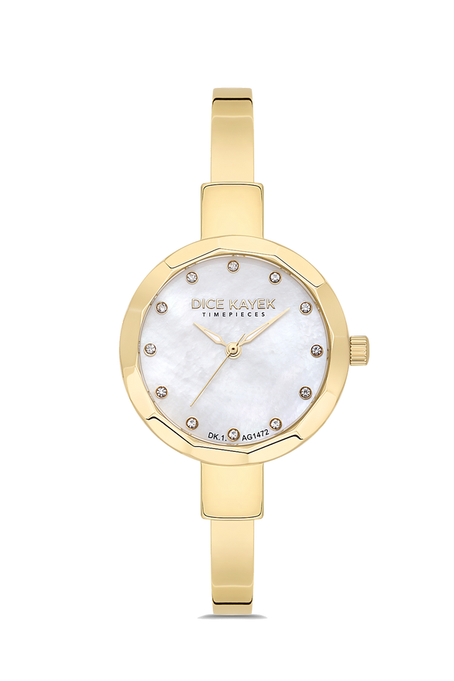 Dice Kayek AG1472.20 women's watch with white mother-of-pearl dial, gold-tone case and stainless steel bracelet – front view