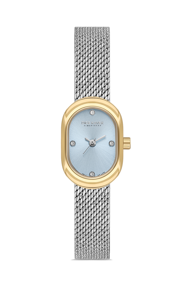 Dice Kayek AG1473.44 women's watch with light blue dial, two-tone silver and gold case and stainless steel mesh bracelet – front view
