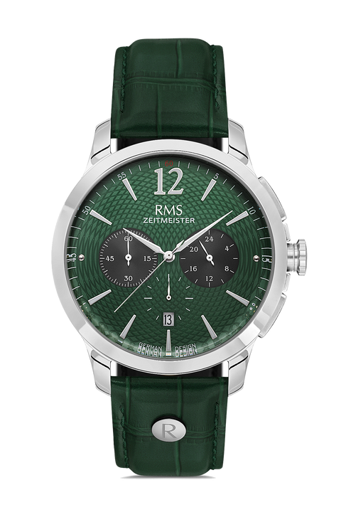 RMS Zeitmeister AG1259.1810 men's chronograph watch with green dial, silver-tone case and green genuine leather strap – front view