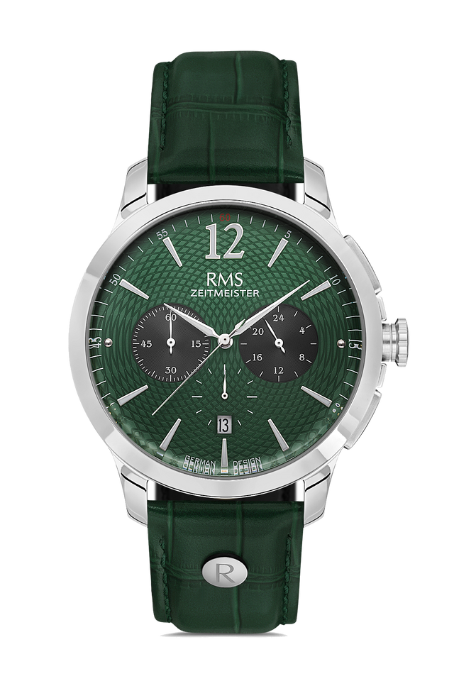RMS Zeitmeister AG1259.1810 men's chronograph watch with green dial, silver-tone case and green genuine leather strap – front view