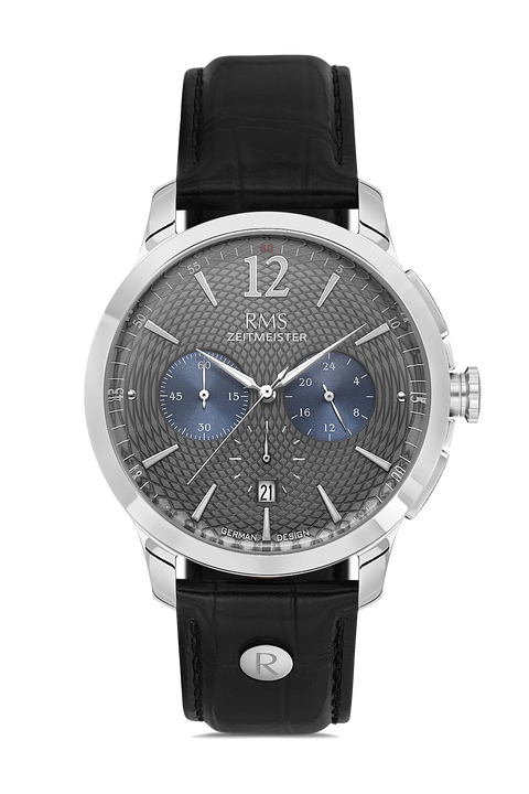RMS Zeitmeister AG1259.916 men's chronograph watch with gray dial, silver-tone case and black genuine leather strap – front view
