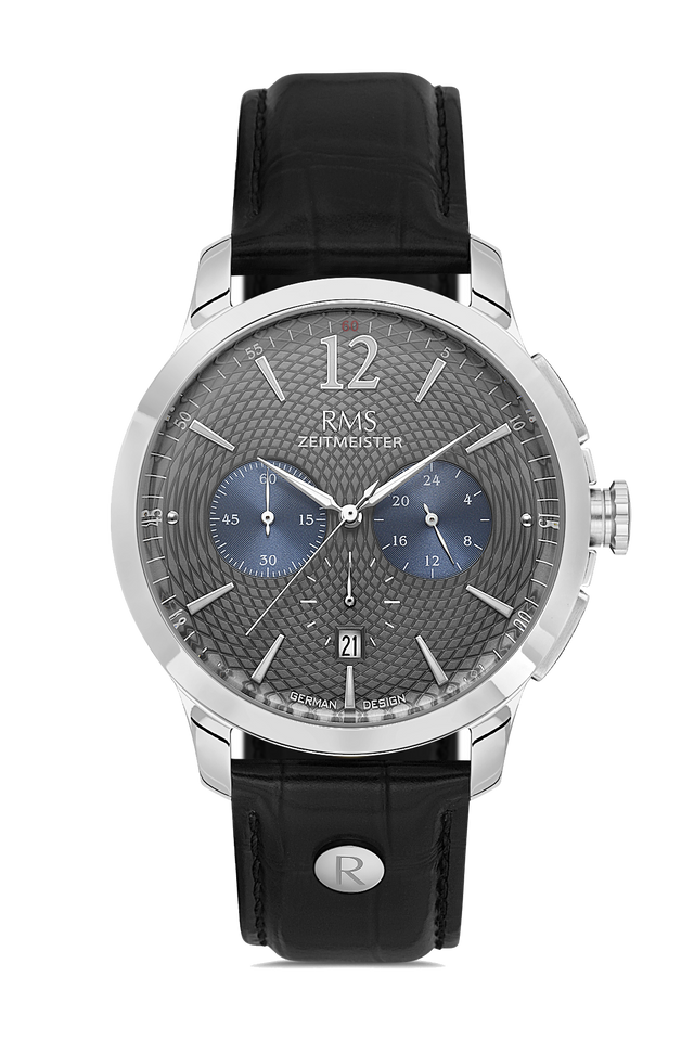 RMS Zeitmeister AG1259.916 men's chronograph watch with gray dial, silver-tone case and black genuine leather strap – front view