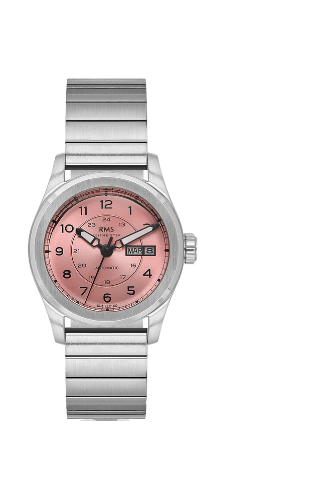 RMS Zeitmeister AG1582.10 men's automatic watch with salmon dial, silver-tone case and stainless steel bracelet – front view