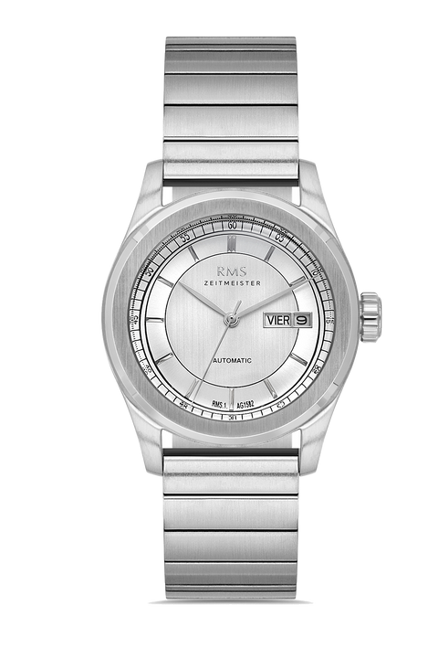 RMS Zeitmeister AG1582.11 men's automatic watch with silver dial, silver-tone case and stainless steel bracelet – front view