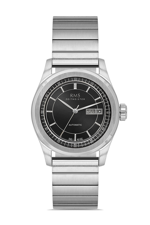 RMS Zeitmeister AG1582.12 men's automatic watch with black dial, silver-tone case and stainless steel bracelet – front view
