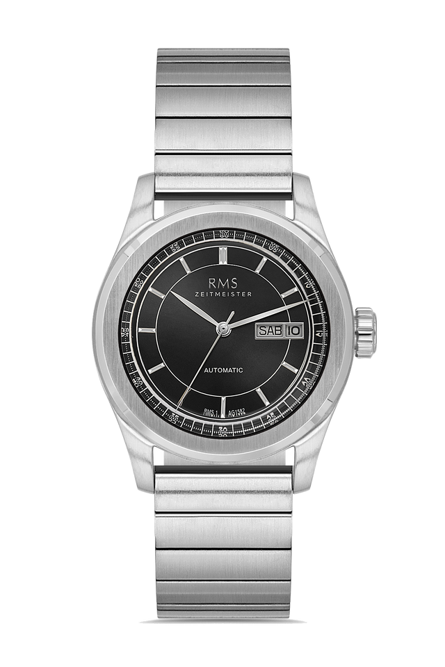 RMS Zeitmeister AG1582.12 men's automatic watch with black dial, silver-tone case and stainless steel bracelet – front view