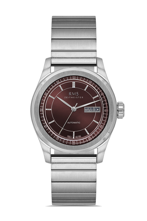 RMS Zeitmeister AG1582.14 men's automatic watch with burgundy dial, silver-tone case and stainless steel bracelet – front view