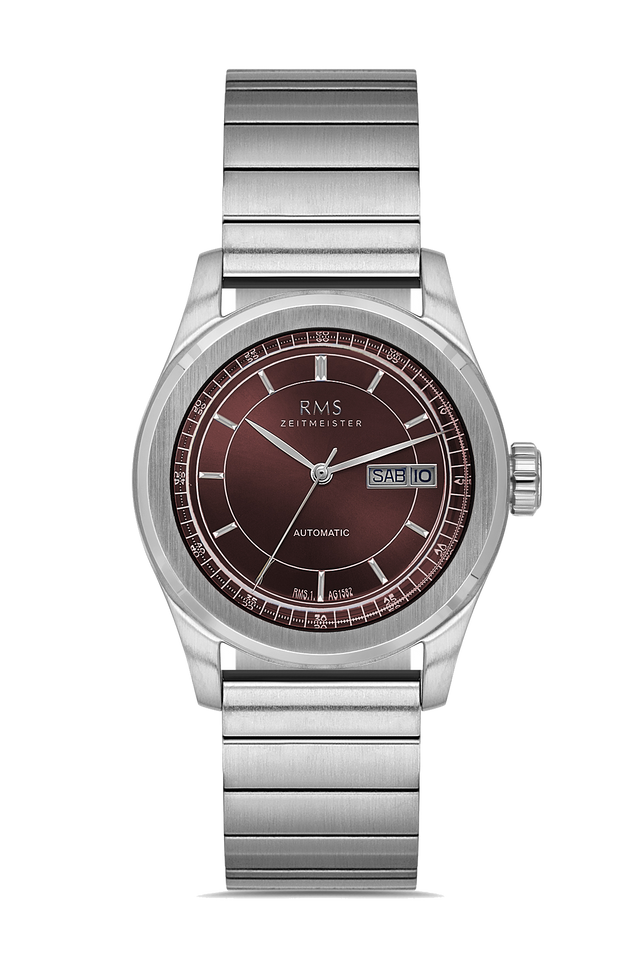RMS Zeitmeister AG1582.14 men's automatic watch with burgundy dial, silver-tone case and stainless steel bracelet – front view