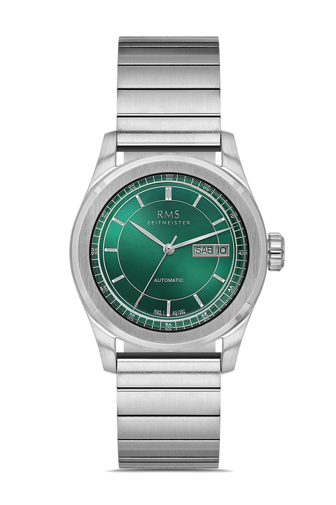 RMS Zeitmeister AG1582.15 men's automatic watch with green dial, silver-tone case and stainless steel bracelet – front view