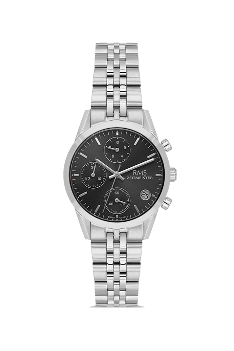 RMS Zeitmeister AG1594.02 women's chronograph watch with black dial, silver-tone case and stainless steel bracelet – front view