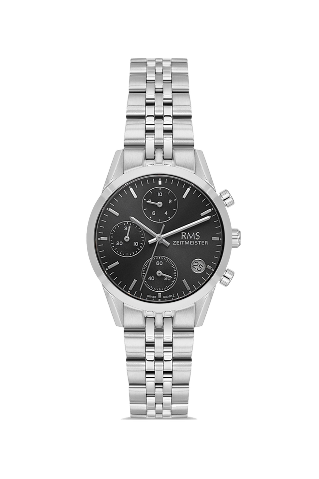 RMS Zeitmeister AG1594.02 women's chronograph watch with black dial, silver-tone case and stainless steel bracelet – front view