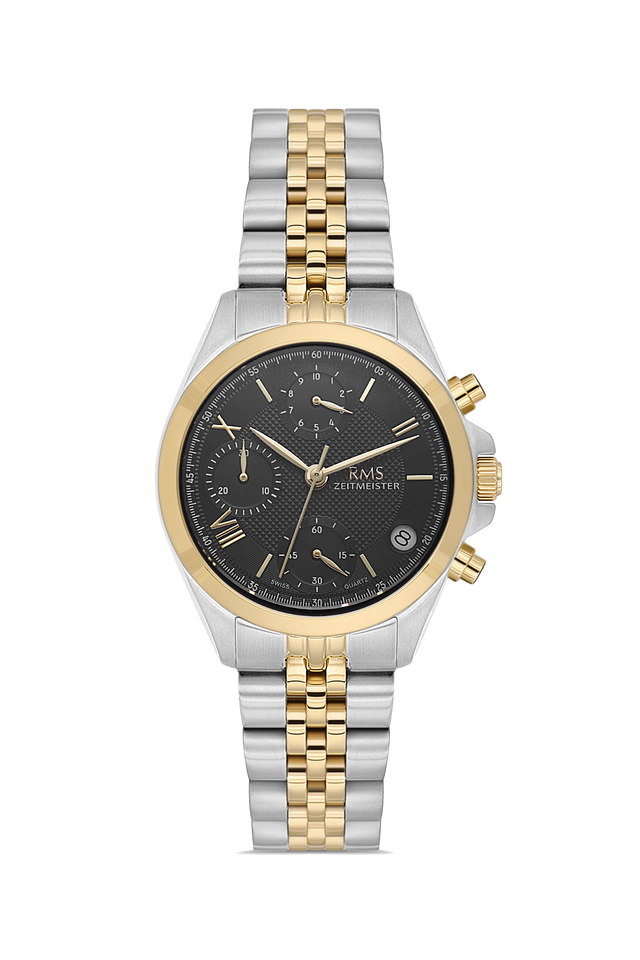 RMS Zeitmeister AG1599.10 women's chronograph watch with black dial, two-tone case and stainless steel bracelet – front view
