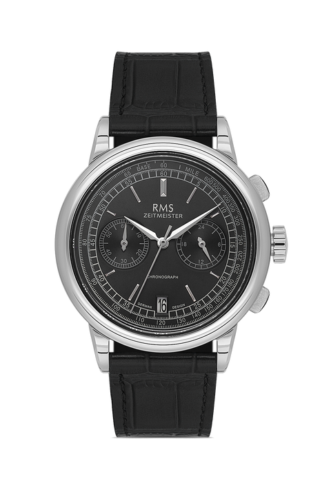 RMS Zeitmeister AG1624.10 men's chronograph watch with black dial, silver-tone case and black genuine leather strap – front view