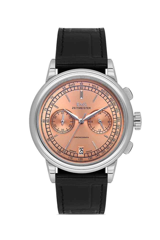 RMS Zeitmeister AG1624.11 men's chronograph watch with salmon dial, silver-tone case and black genuine leather strap – front view