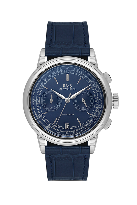 RMS Zeitmeister AG1624.12 men's chronograph watch with blue dial, silver-tone case and blue genuine leather strap – front view