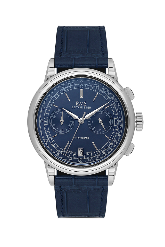 RMS Zeitmeister AG1624.12 men's chronograph watch with blue dial, silver-tone case and blue genuine leather strap – front view