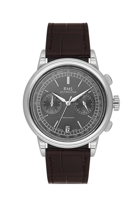 RMS Zeitmeister AG1624.13 men's chronograph watch with gray dial, silver-tone case and brown genuine leather strap – front view