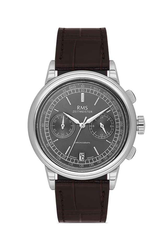 RMS Zeitmeister AG1624.13 men's chronograph watch with gray dial, silver-tone case and brown genuine leather strap – front view