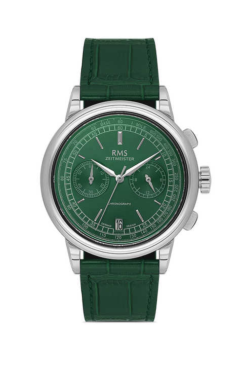 RMS Zeitmeister AG1624.14 men's chronograph watch with green dial, silver-tone case and green genuine leather strap – front view