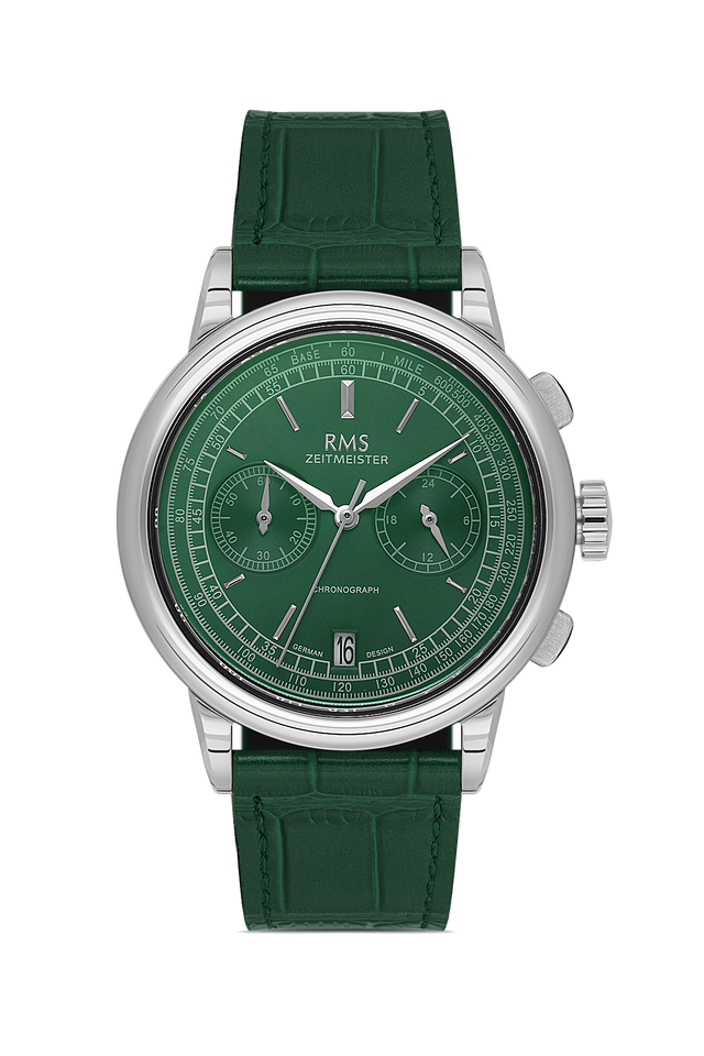 RMS Zeitmeister AG1624.14 men's chronograph watch with green dial, silver-tone case and green genuine leather strap – front view