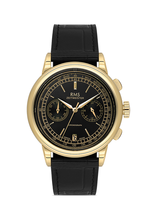 RMS Zeitmeister AG1624.16 men's chronograph watch with black dial, gold-tone case and black genuine leather strap – front view