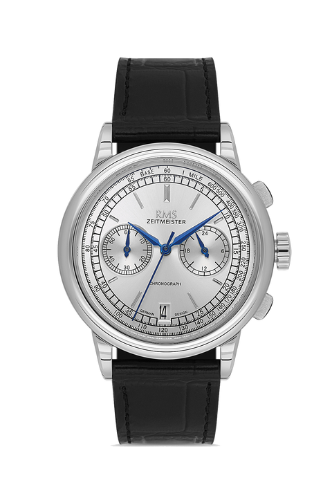 RMS Zeitmeister AG1624.9 men's chronograph watch with silver dial, silver-tone case and black genuine leather strap – front view