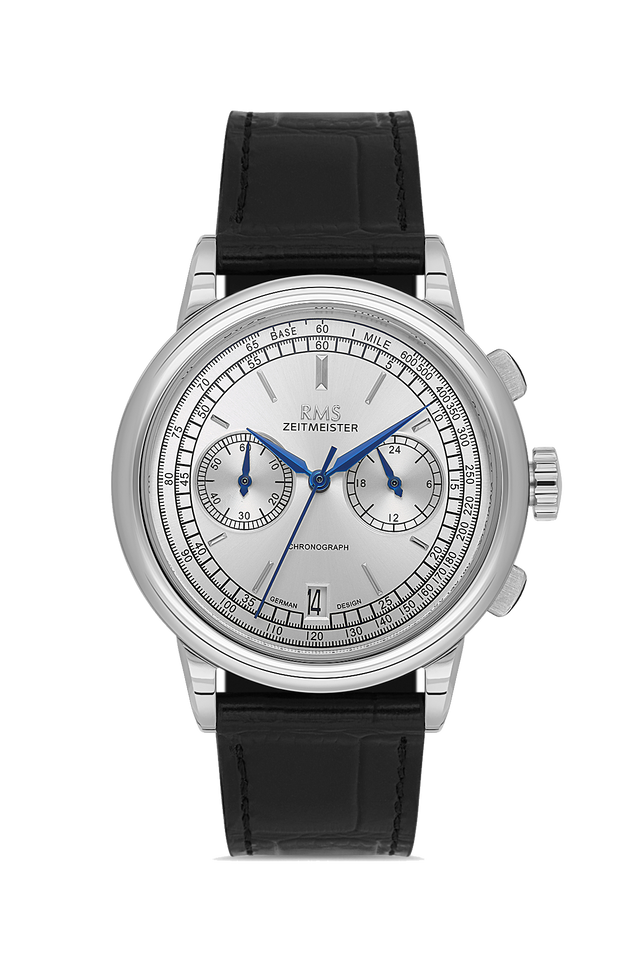 RMS Zeitmeister AG1624.9 men's chronograph watch with silver dial, silver-tone case and black genuine leather strap – front view