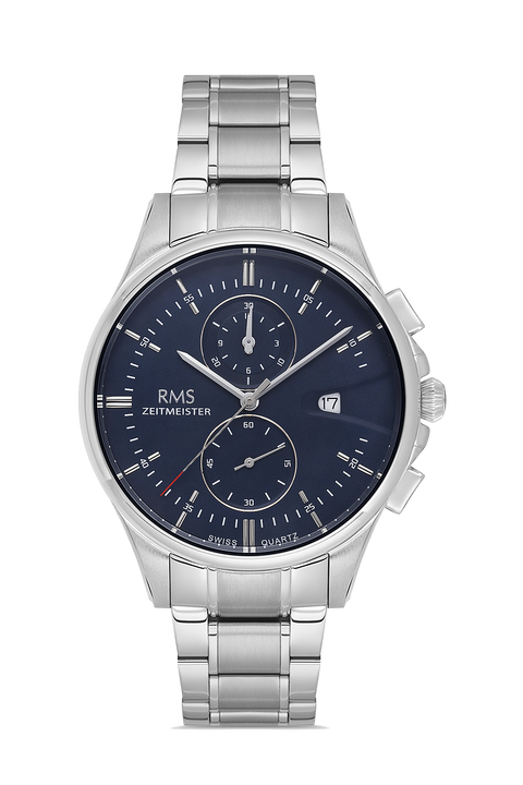 RMS Zeitmeister AG2074.04 men's chronograph watch with blue dial, silver-tone case and stainless steel bracelet – front view