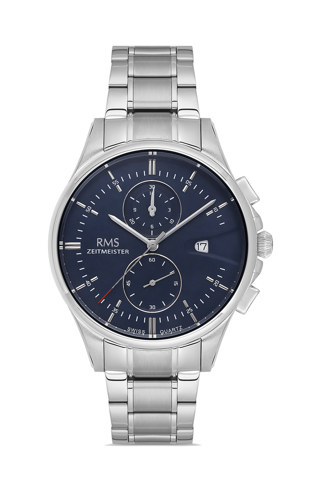 RMS Zeitmeister AG2074.04 men's chronograph watch with blue dial, silver-tone case and stainless steel bracelet – front view