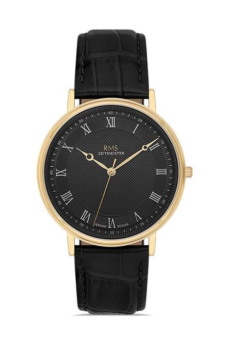 RMS Zeitmeister AG2091.172-GA31 men's watch with black dial, gold-tone case and black genuine leather strap – front view