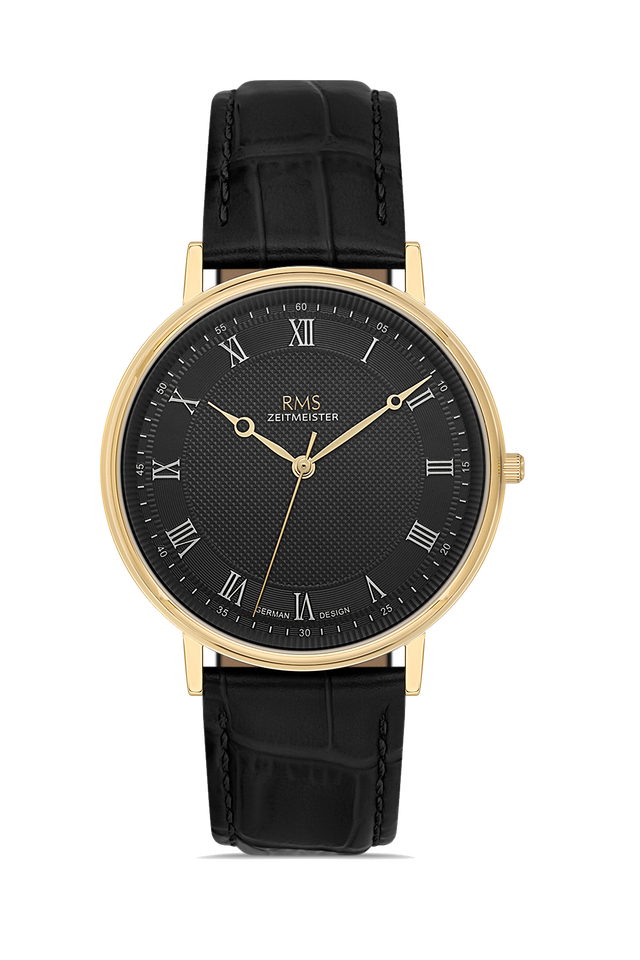 RMS Zeitmeister AG2091.172-GA31 men's watch with black dial, gold-tone case and black genuine leather strap – front view