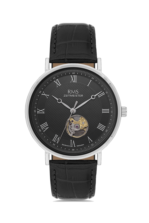 RMS Zeitmeister AG2091.92 men's automatic watch with black dial, silver-tone case and black genuine leather strap – front view