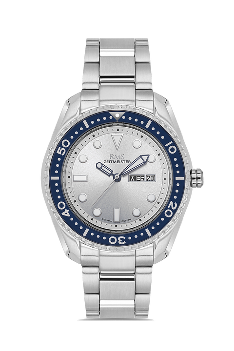 RMS Zeitmeister AG2133.1015 men's watch with silver dial, silver-tone case and stainless steel bracelet – front view