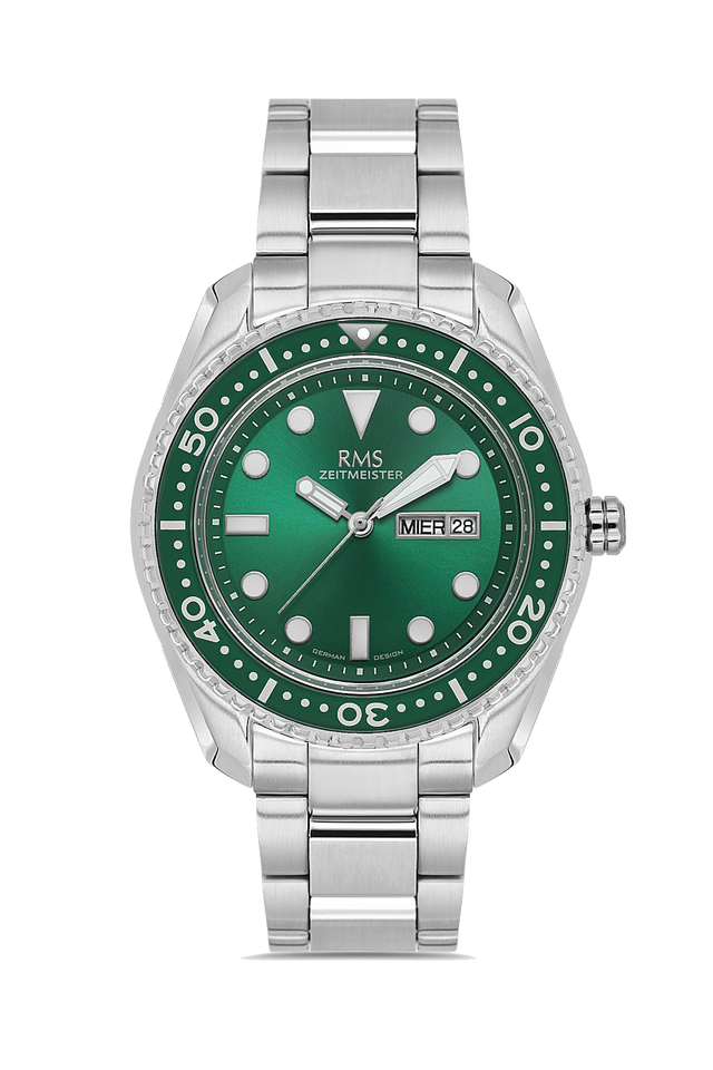 RMS Zeitmeister AG2133.19 men's watch with green dial, silver-tone case and stainless steel bracelet – front view
