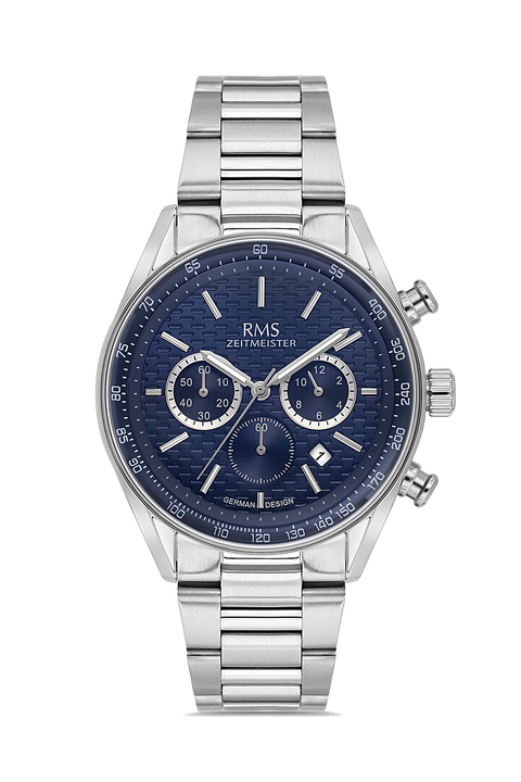 RMS Zeitmeister AG2144.13 men's chronograph watch with blue dial, silver-tone case and stainless steel bracelet – front view