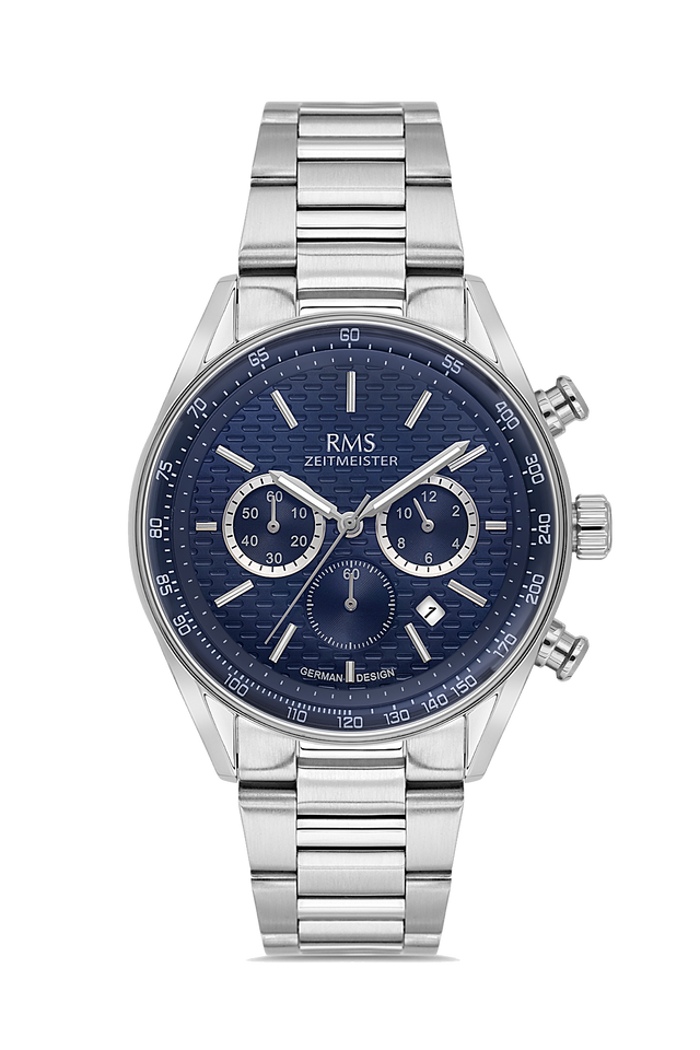 RMS Zeitmeister AG2144.13 men's chronograph watch with blue dial, silver-tone case and stainless steel bracelet – front view