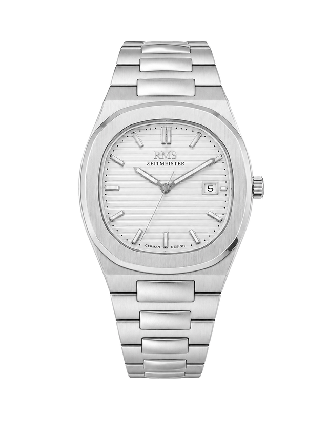 RMS Zeitmeister AG2172.10 men's watch with white dial, silver-tone case and stainless steel bracelet – front view