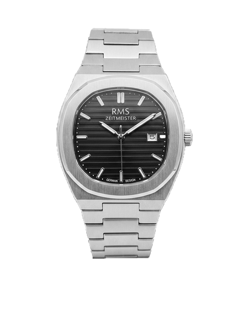 RMS Zeitmeister AG2172.12 men's watch with black dial, silver-tone case and stainless steel bracelet – front view