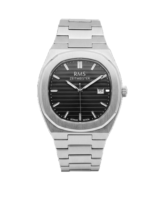RMS Zeitmeister AG2172.12 men's watch with black dial, silver-tone case and stainless steel bracelet – front view