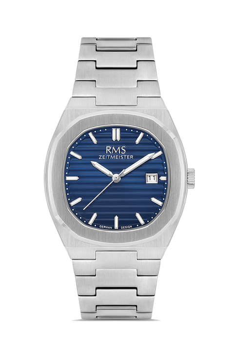 RMS Zeitmeister AG2172.13 men's watch with blue dial, silver-tone case and stainless steel bracelet – front view