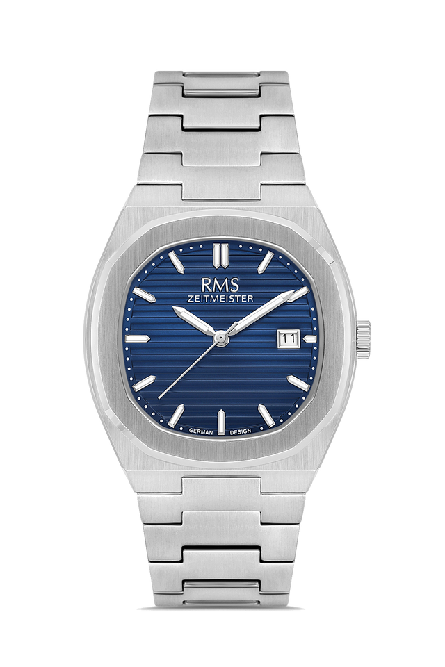 RMS Zeitmeister AG2172.13 men's watch with blue dial, silver-tone case and stainless steel bracelet – front view