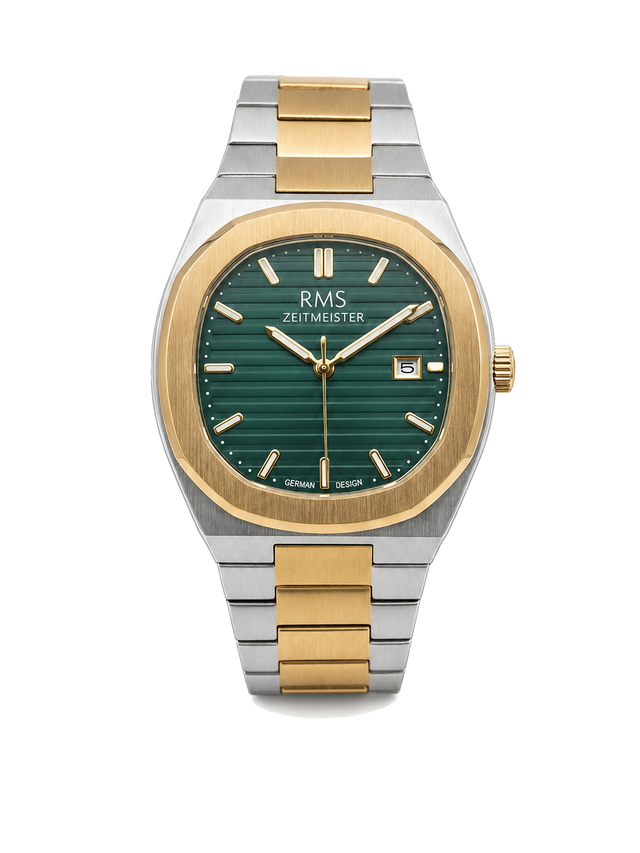 RMS Zeitmeister AG2172.49 men's watch with green dial, two-tone case and stainless steel bracelet – front view