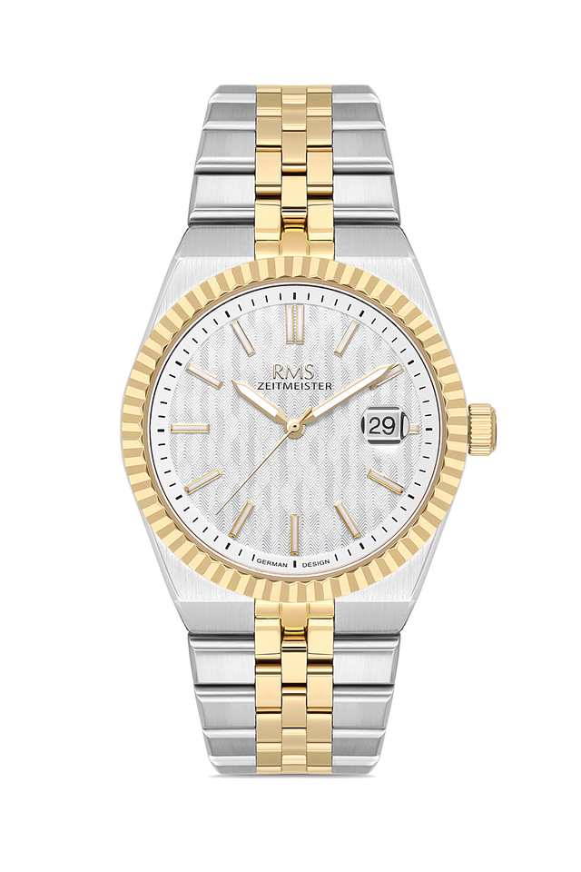 RMS Zeitmeister AG2173.40 men's watch with white dial, two-tone case and stainless steel bracelet – front view