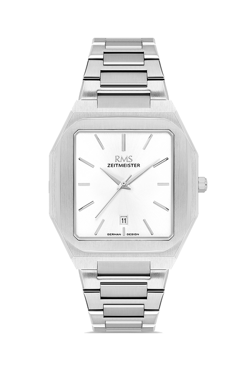 RMS Zeitmeister AG2181.10 men's watch with white dial, silver-tone case and stainless steel bracelet – front view