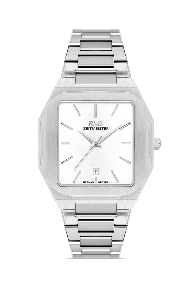 RMS Zeitmeister AG2181.10 men's watch with white dial, silver-tone case and stainless steel bracelet – front view