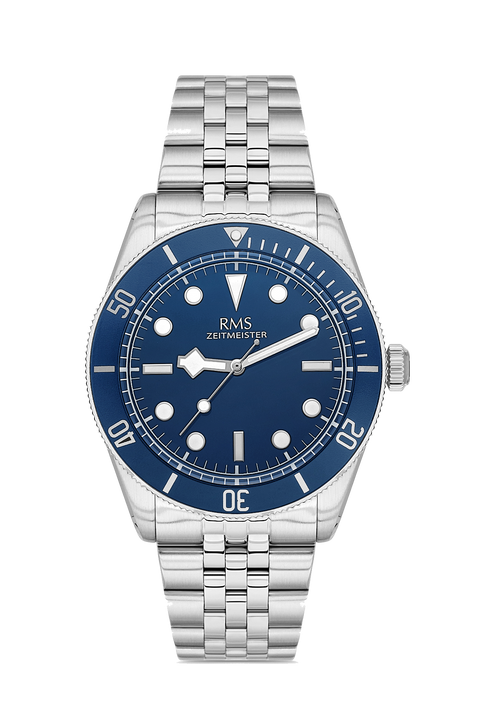 RMS Zeitmeister AG2192.13 men's watch with blue dial, silver-tone case and stainless steel bracelet – front view